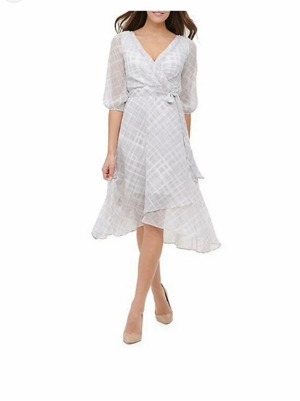 Light Gray Wrap Midi Dress with Sheer Sleeves